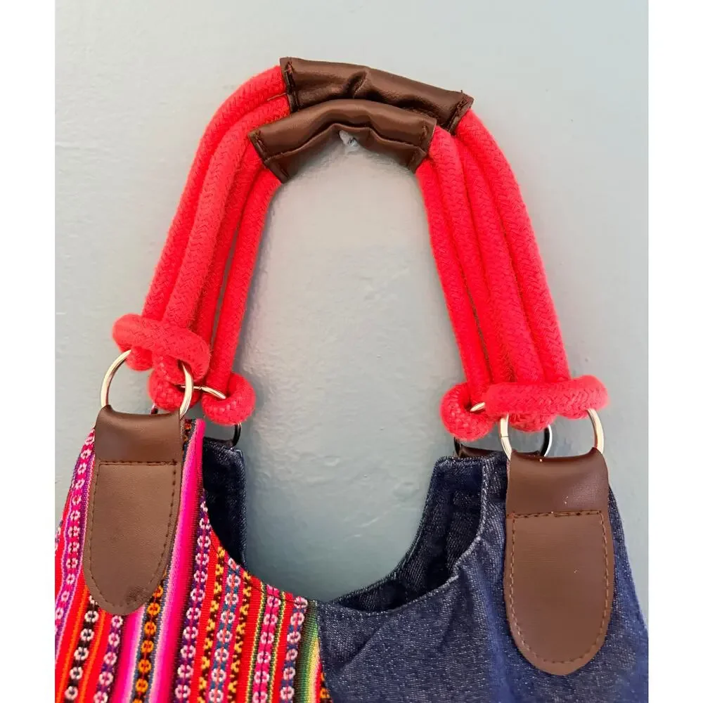 Handmade Peruvian Andean Textile Denim Hobo Bag Bright Woven Stripe Rope Handle
